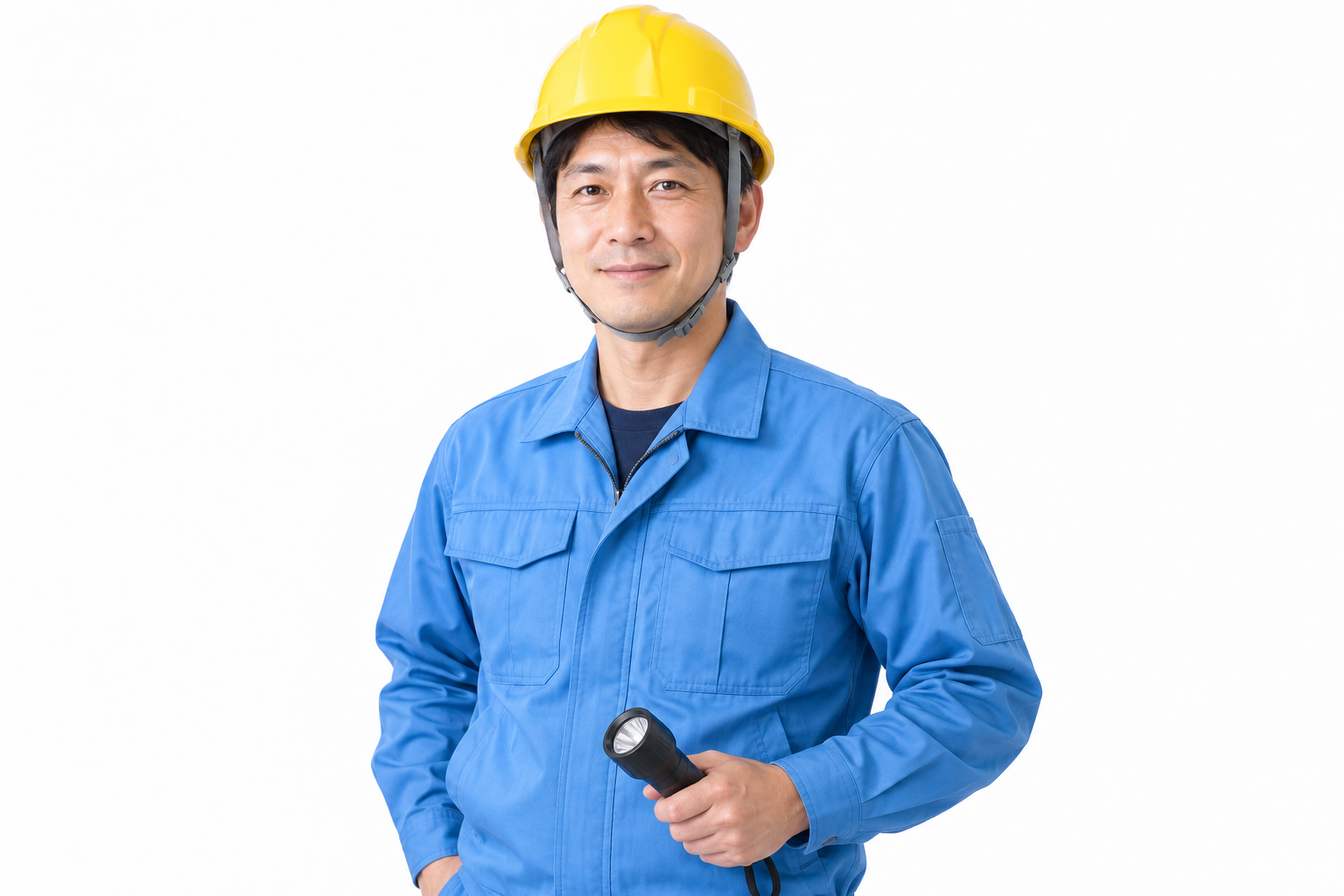 黄色いヘルメットと青い作業着の男性のAI生成イメージ